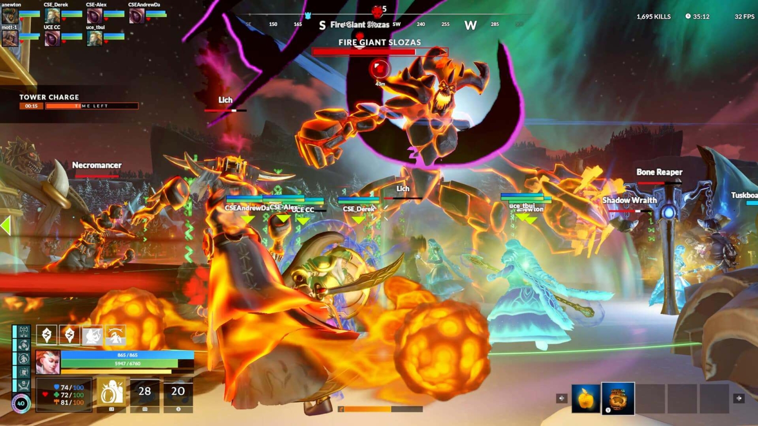 Characters fighting a large fire giant and undead creatures in a colourful fantasy battle scene