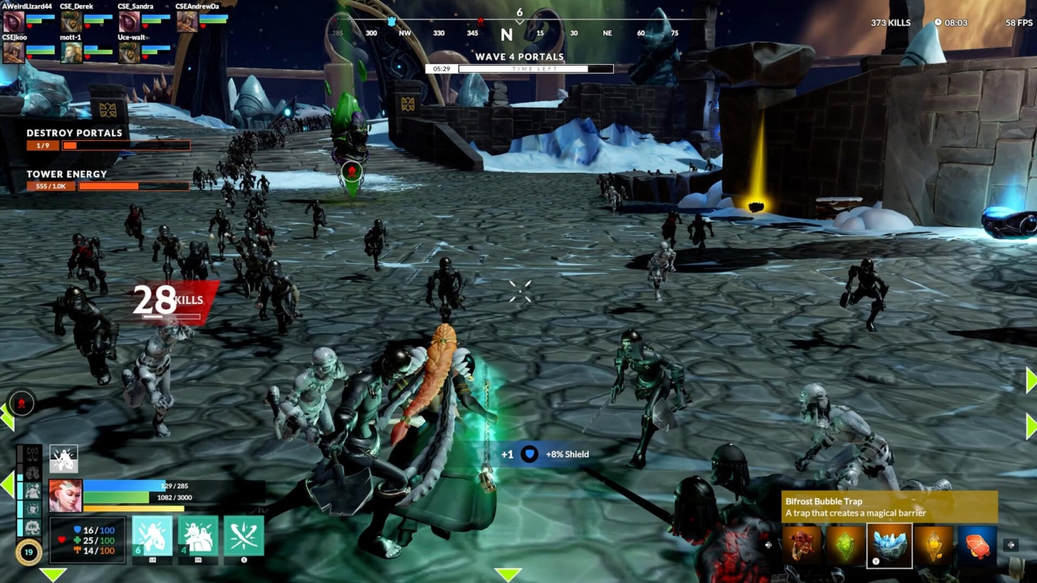 Player character in a long coat and red braid using magic against numerous dark skeletal enemies on icy stone ground with game stats visible