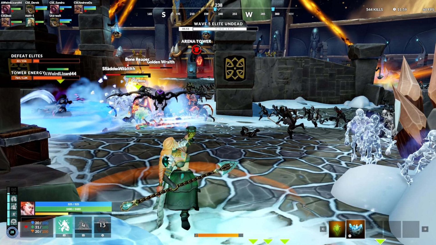 Character with staff casting spell against waves of undead enemies in snowy arena