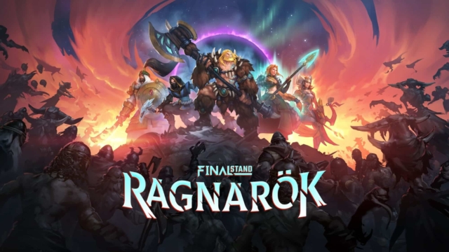 Warriors armed with weapons stand boldly on a rocky hill surrounded by shadowy enemies under a dramatic sky with glowing auroras