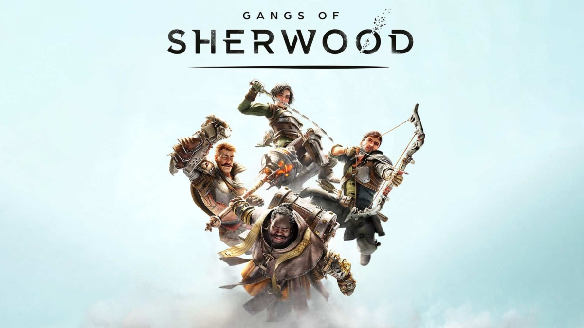 Four characters from Gangs of Sherwood in dynamic poses with weapons, set against a pale blue background