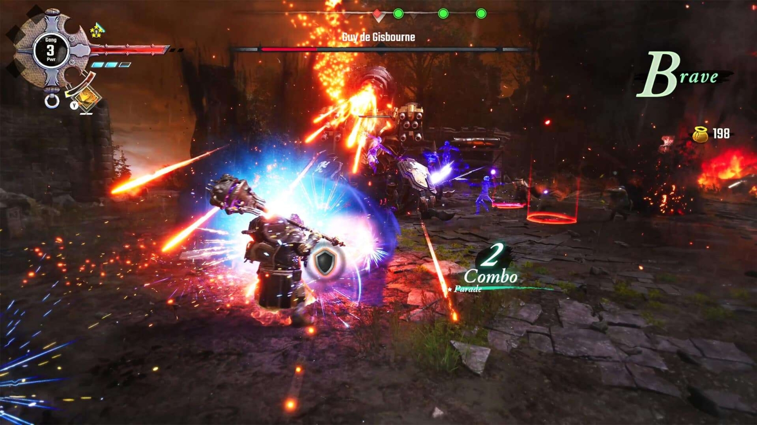 Game character blocking fire and energy projectiles in a dark outdoor environment with stone ground