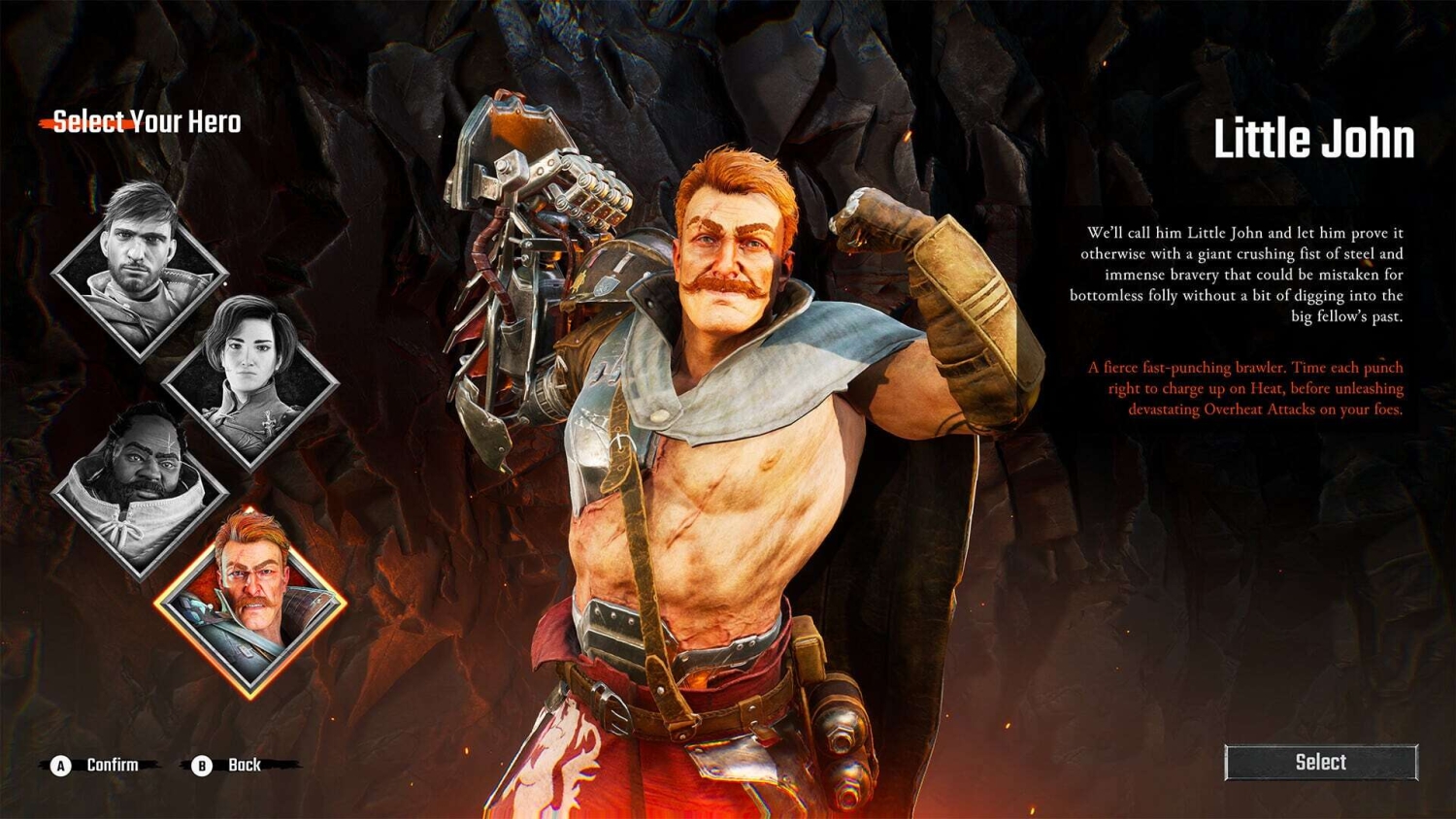 Muscular man with a cybernetic arm flexes his fist in a game hero selection screen titled Little John