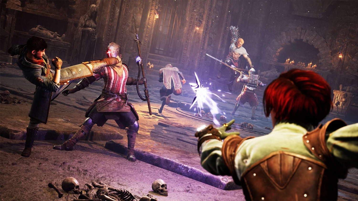 Four medieval warriors and a spellcaster battling inside a dim stone chamber with glowing magical effects