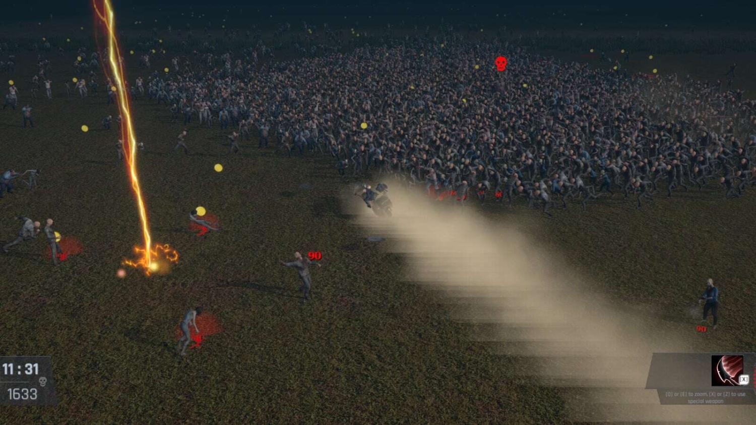 Vehicle speeding through large crowd of zombies in a dark open field with damage points shown