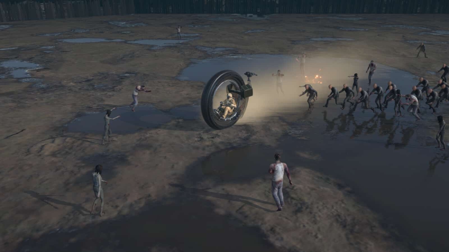 Person riding illuminated single-wheeled vehicle through muddy terrain surrounded by numerous zombies at night