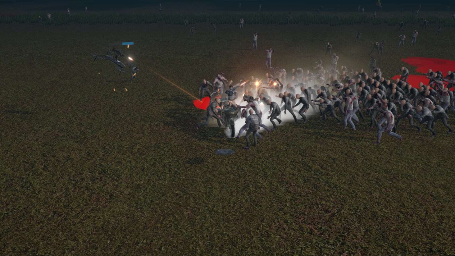 Character fighting off a crowd of zombies with guns in a dark open area