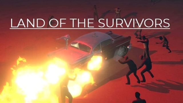 A red car shooting flames surrounded by zombie-like figures under the title Land of the Survivors