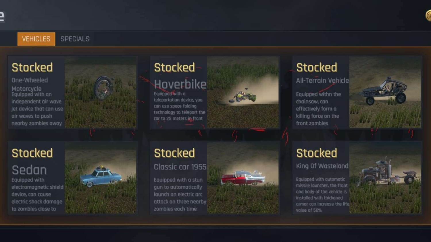 Game menu displaying six stocked vehicles with names and brief descriptions on a dark background