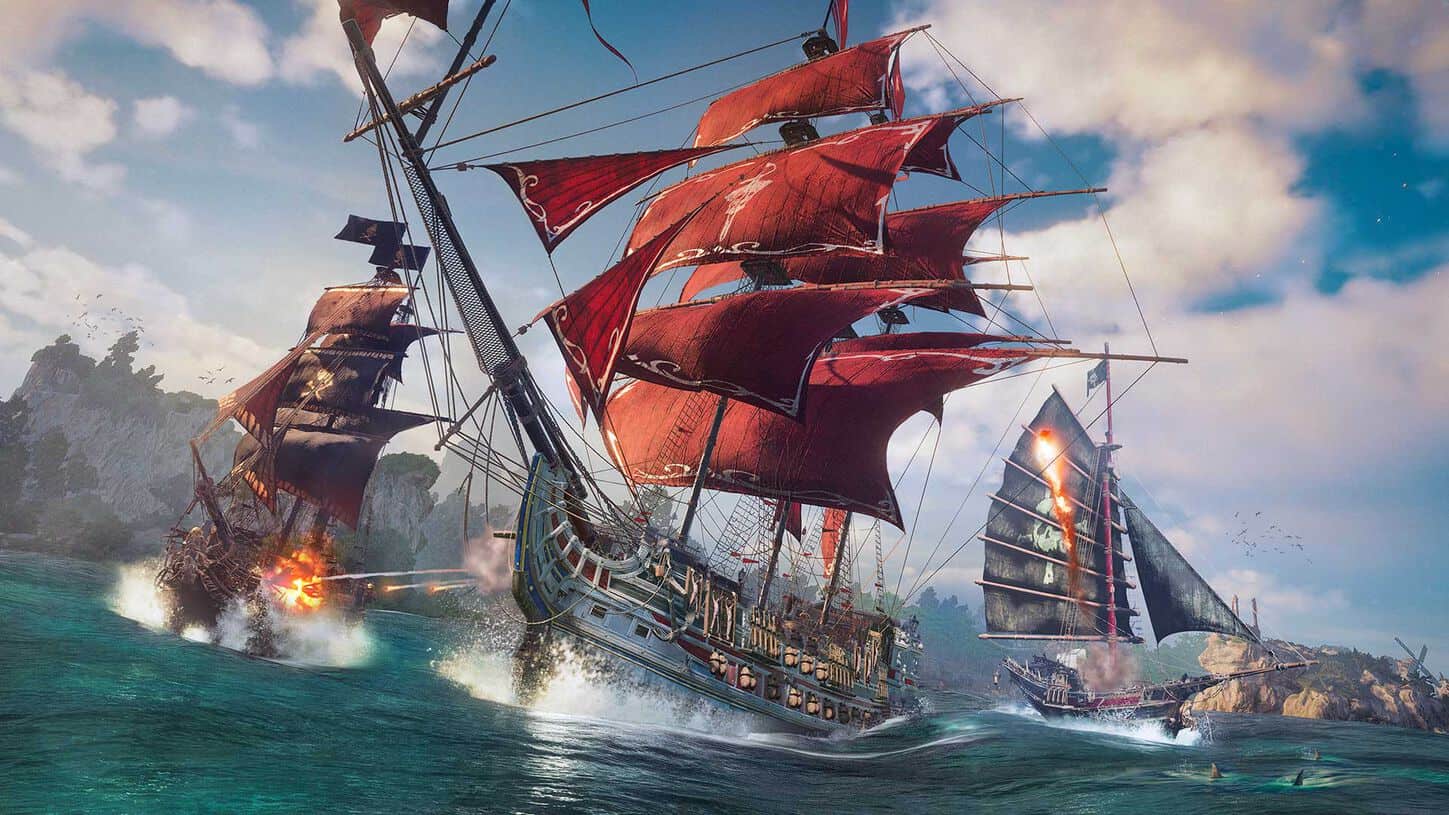 Three sailing ships with red and black sails firing cannons at each other on open sea near rocky coast