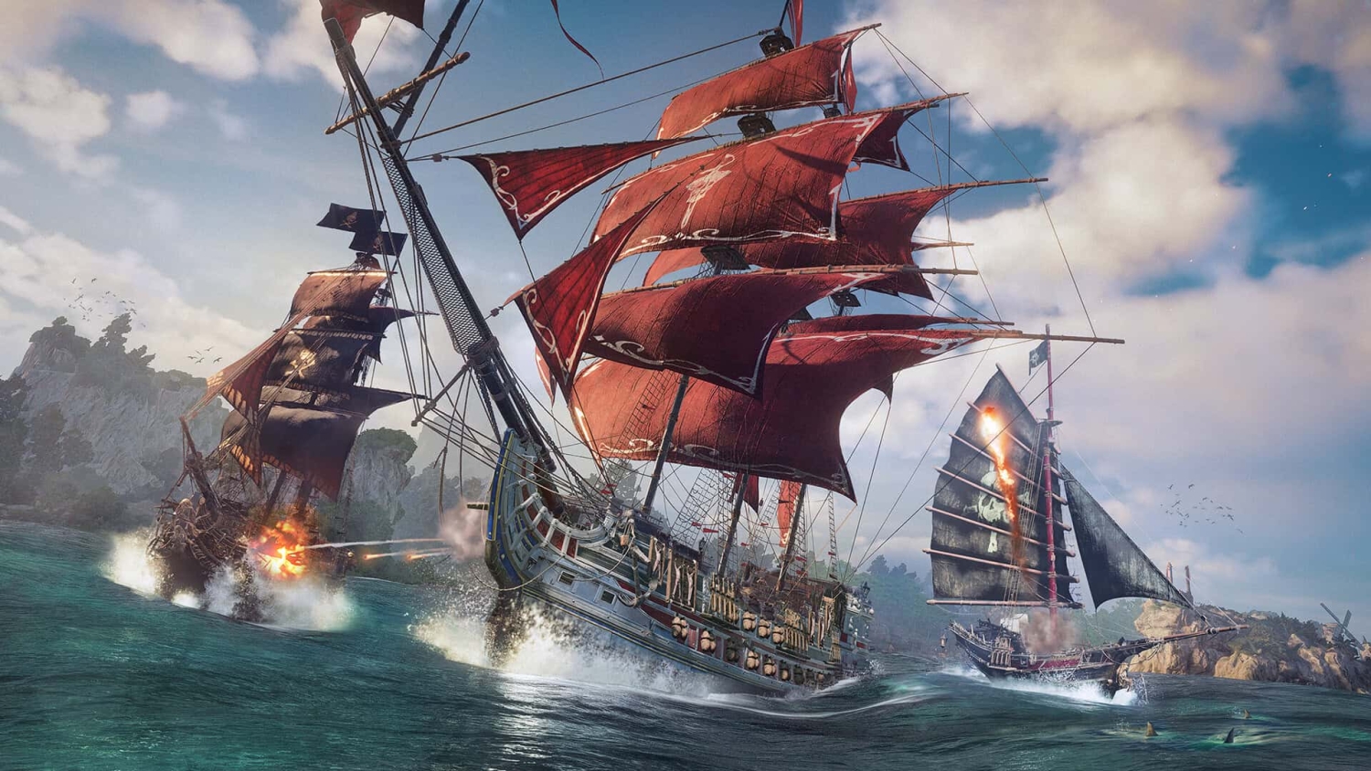 Three large pirate ships with red and black sails firing cannons near rocky coastal shores