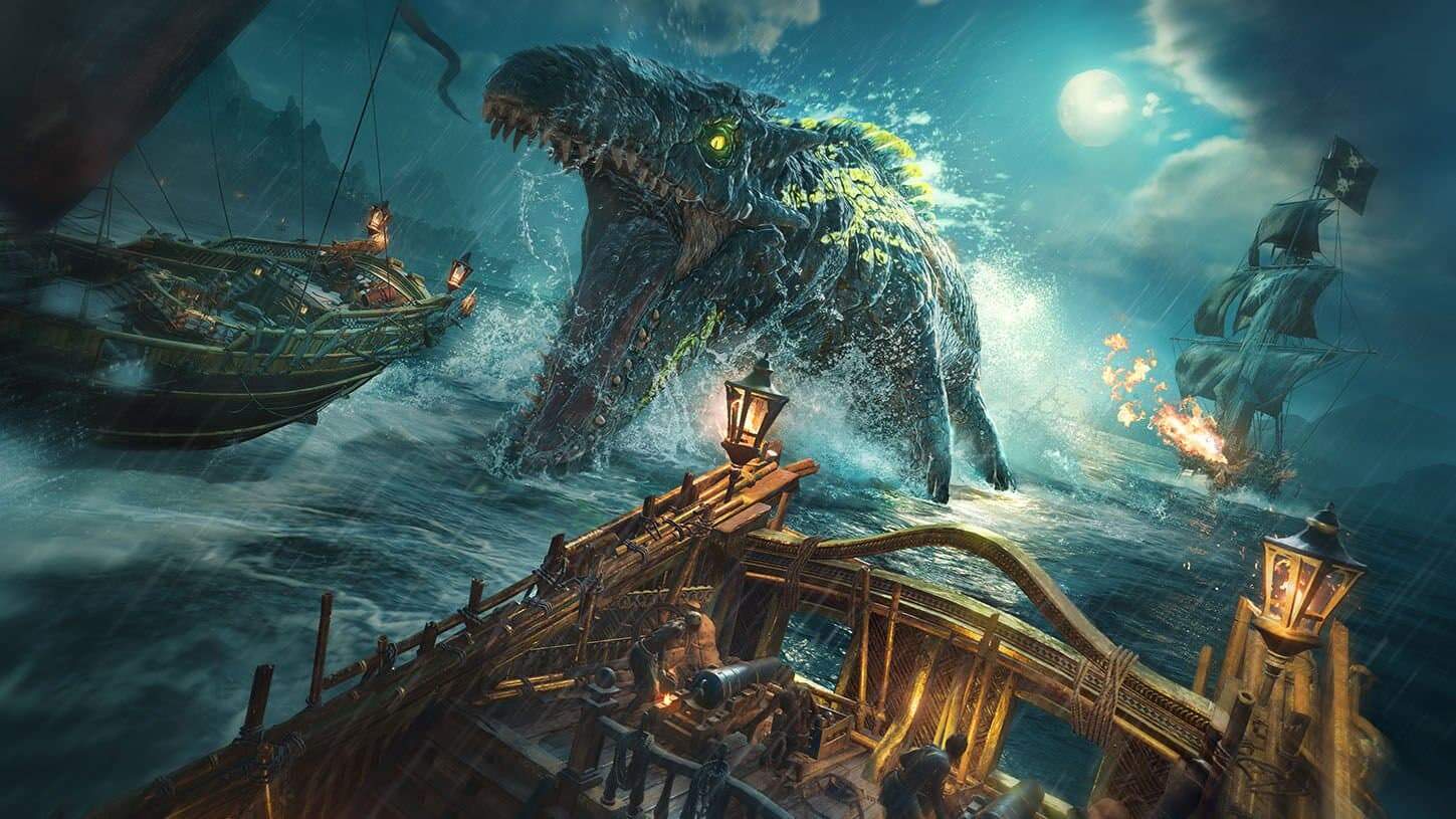 Pirate ships firing cannons during naval battle against a giant sea monster under moonlight