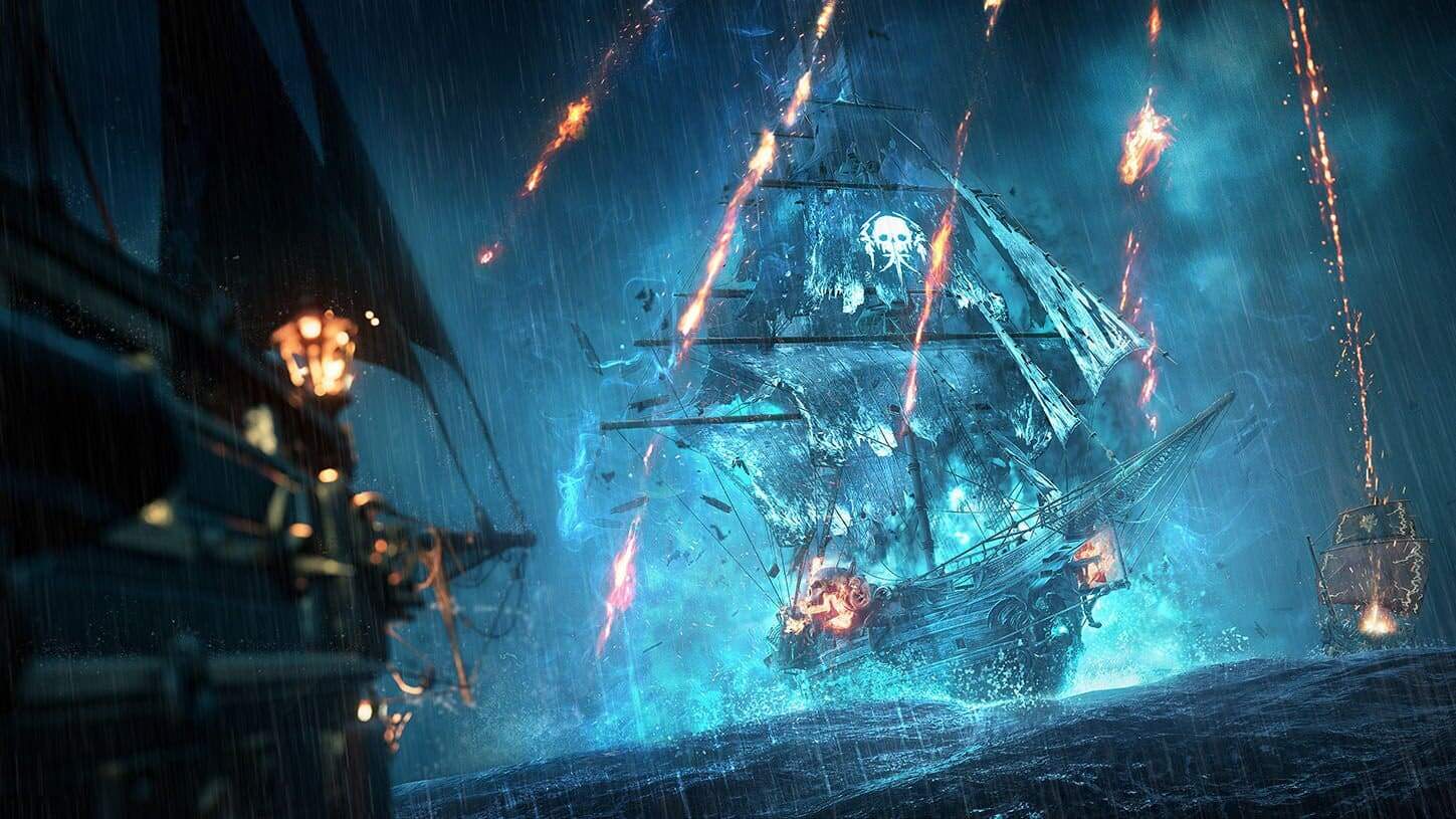 Sailing ship with skull emblem on sails engulfed in flames under heavy rain during a naval battle