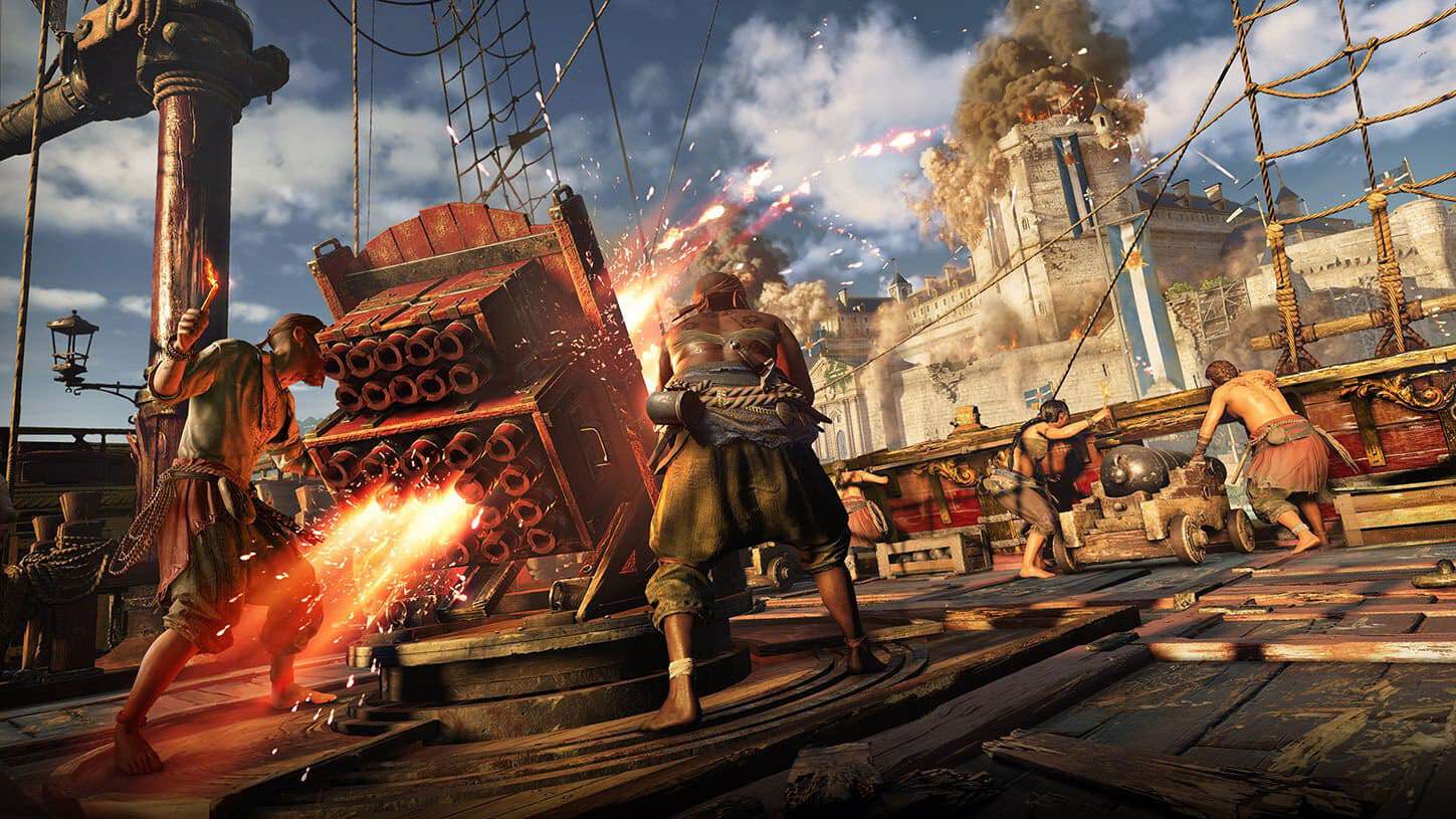 Pirates firing weapons from a ship during an intense naval battle with a castle exploding in the background