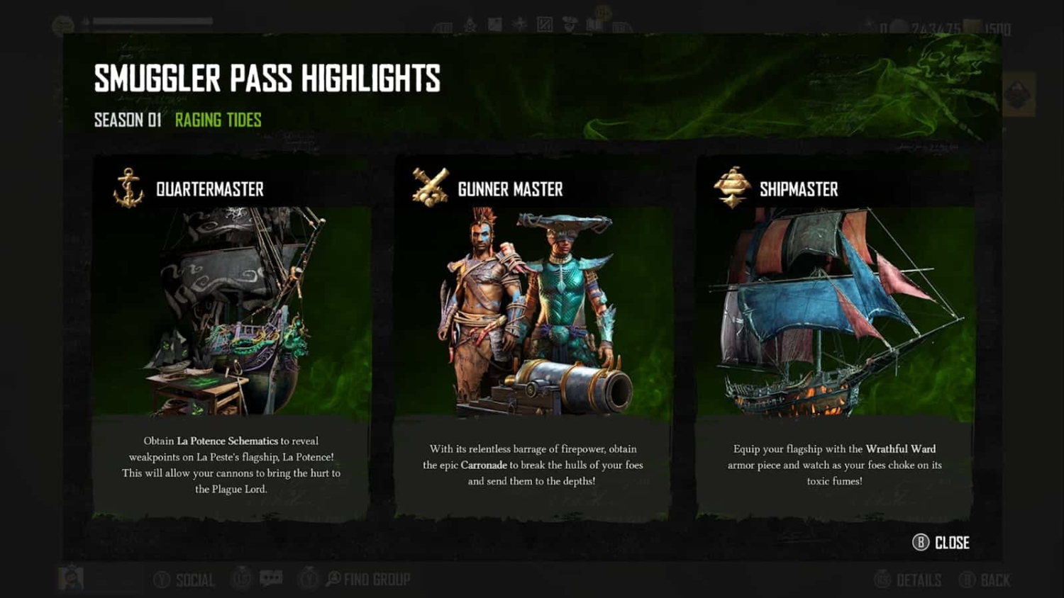 Gameplay screen showing Quartermaster, Gunner Master, and Shipmaster rewards in Smuggler Pass Season 1