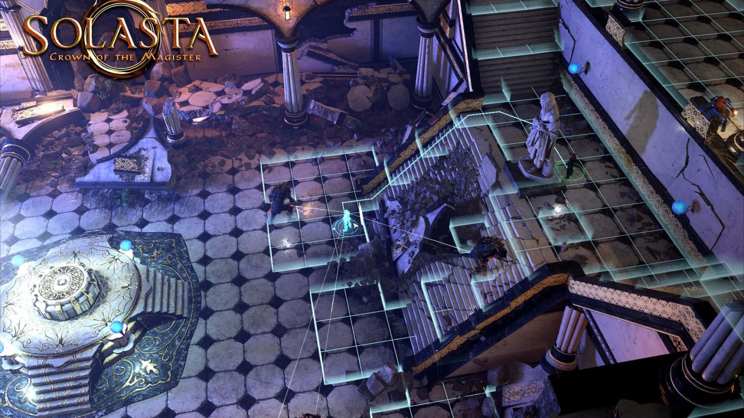 Top-down view of a fantasy dungeon with grid overlay, stone pillars, statues, stairs, and characters positioned on a tiled floor