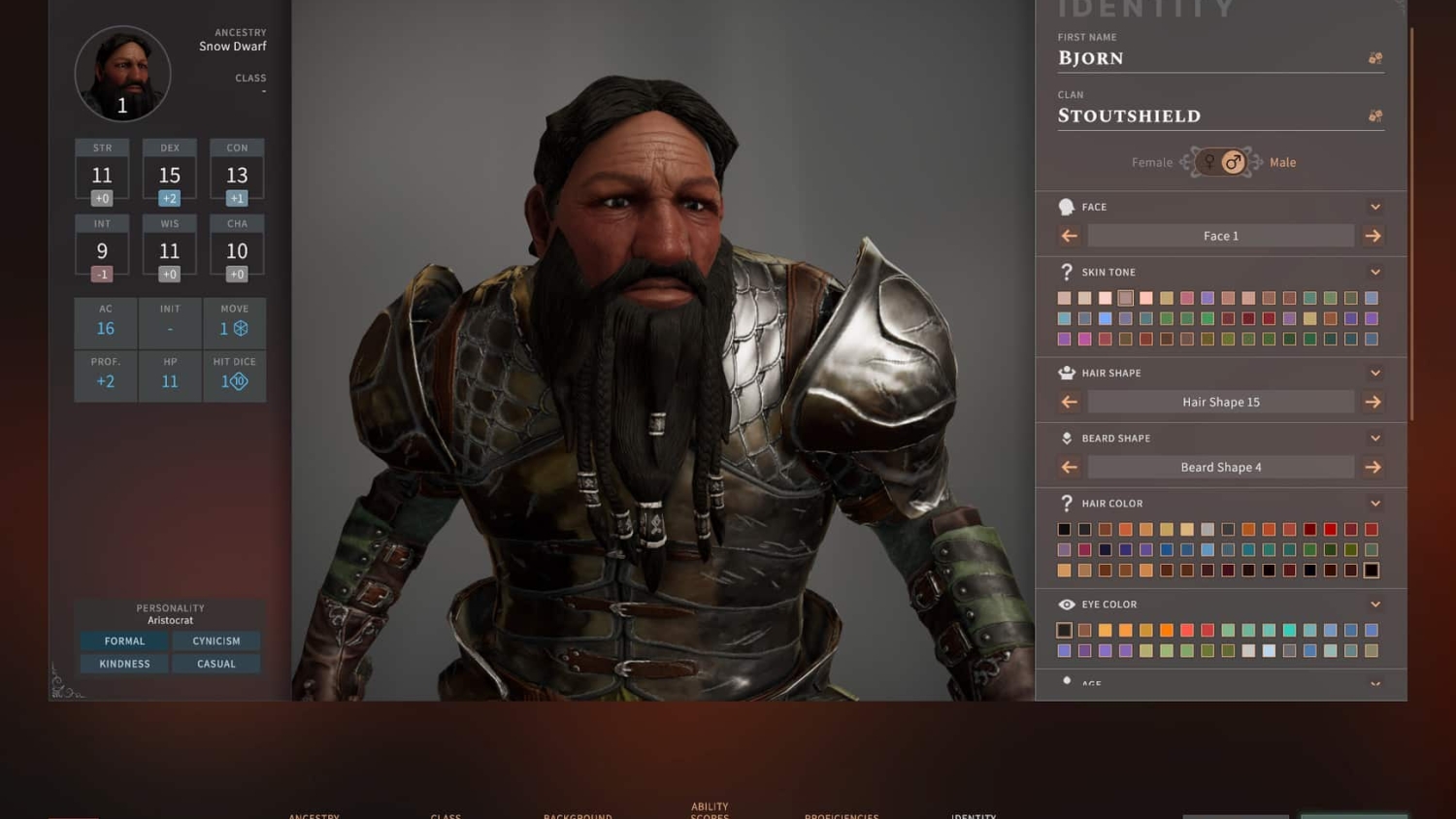 Customisable male Snow Dwarf character Bjorn with detailed face, skin tone, hair and beard options in RPG game interface
