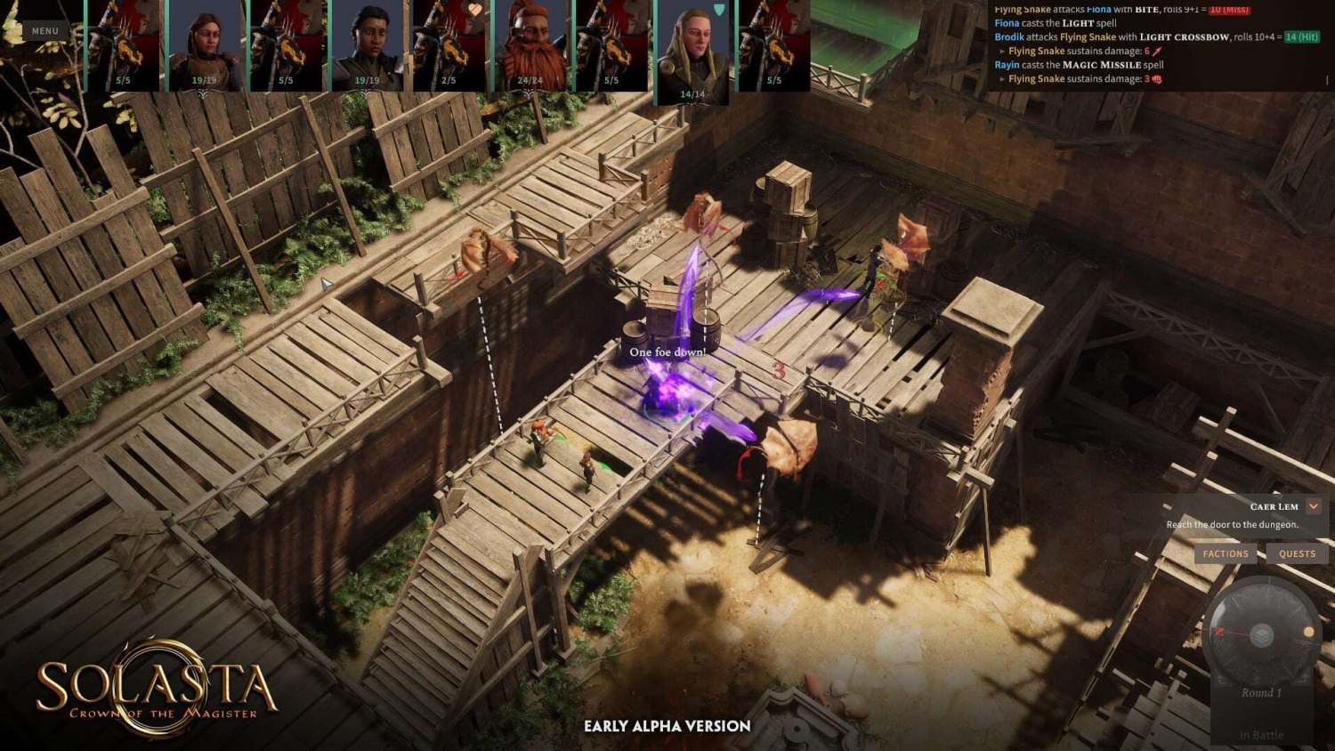 Tactical RPG battle with player characters casting spells and fighting winged enemies on wooden platforms