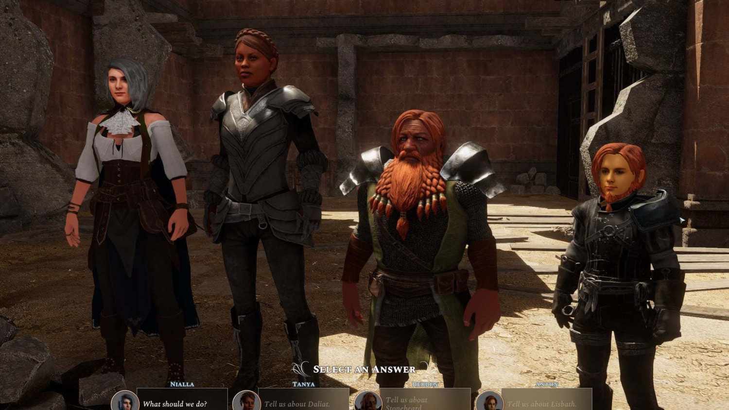 Four fantasy characters standing in a sunlit stone room with dialogue options at the bottom of the screen