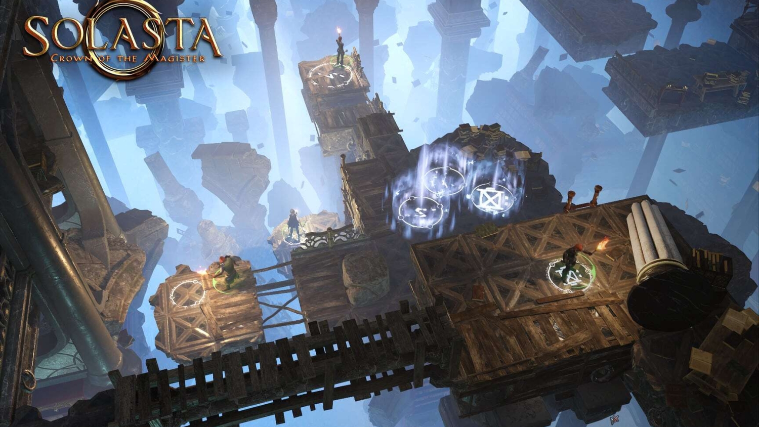 Top-down view of characters on floating wooden platforms with glowing magical symbols in a fantasy environment