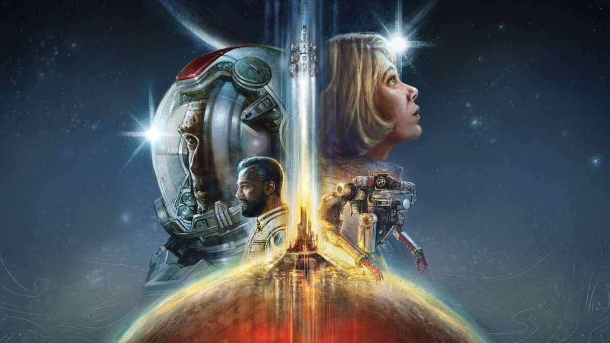 Artwork showing two human faces and one robot back-to-back with a rocket launching from a planet below