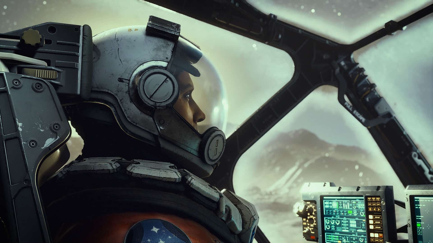Astronaut in detailed helmet looking out from spaceship cockpit at starry sky and rocky mountainous landscape