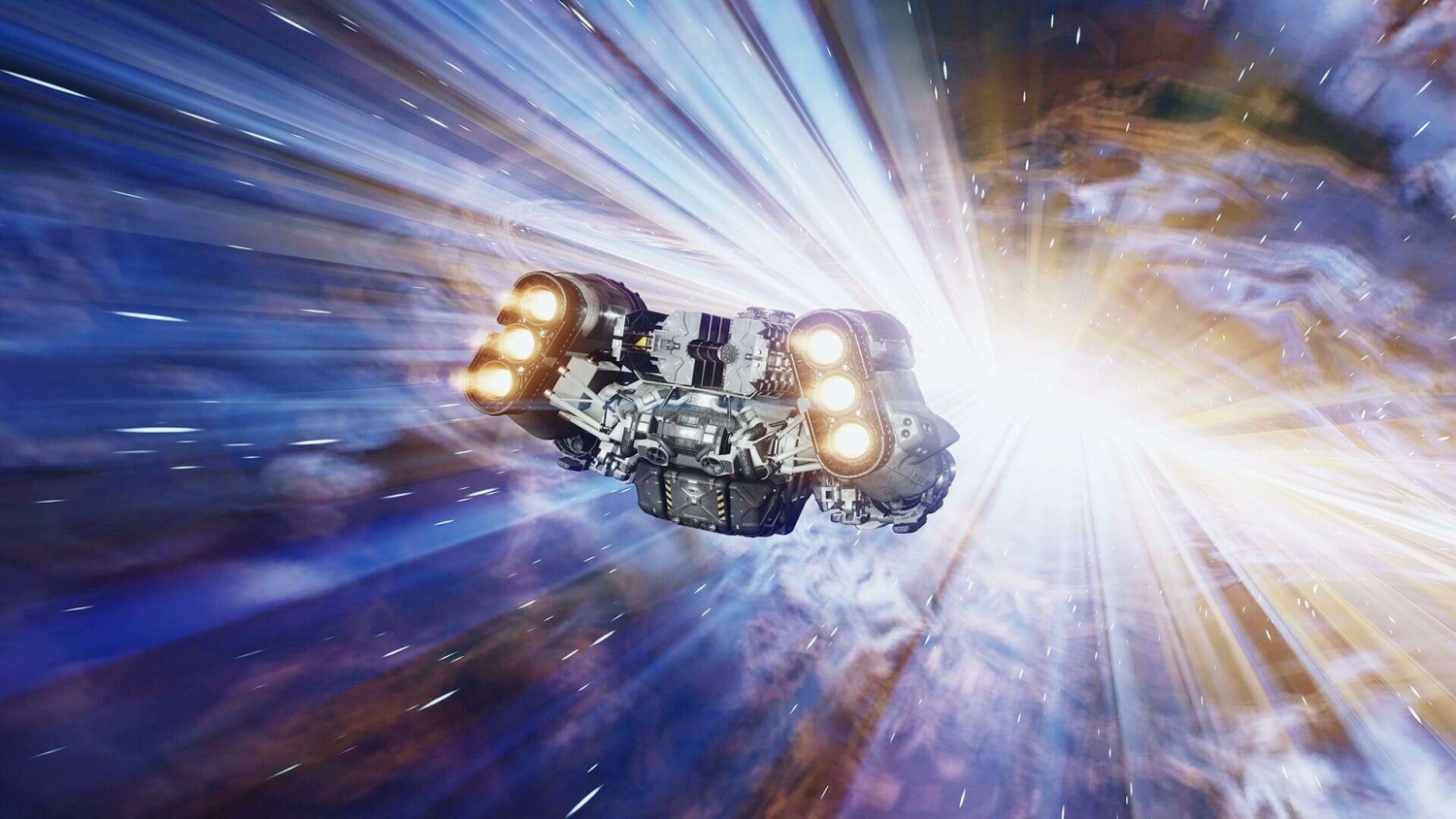 Futuristic spaceship with bright engines flying rapidly towards an intense cosmic light in space