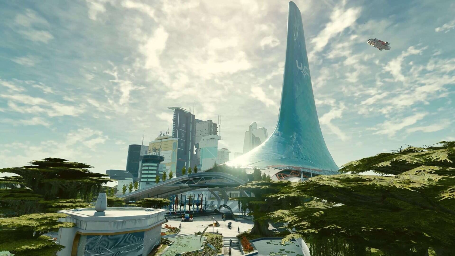 Futuristic cityscape featuring tall modern buildings, a prominent curved tower with a logo, and a flying vehicle under a cloudy sky