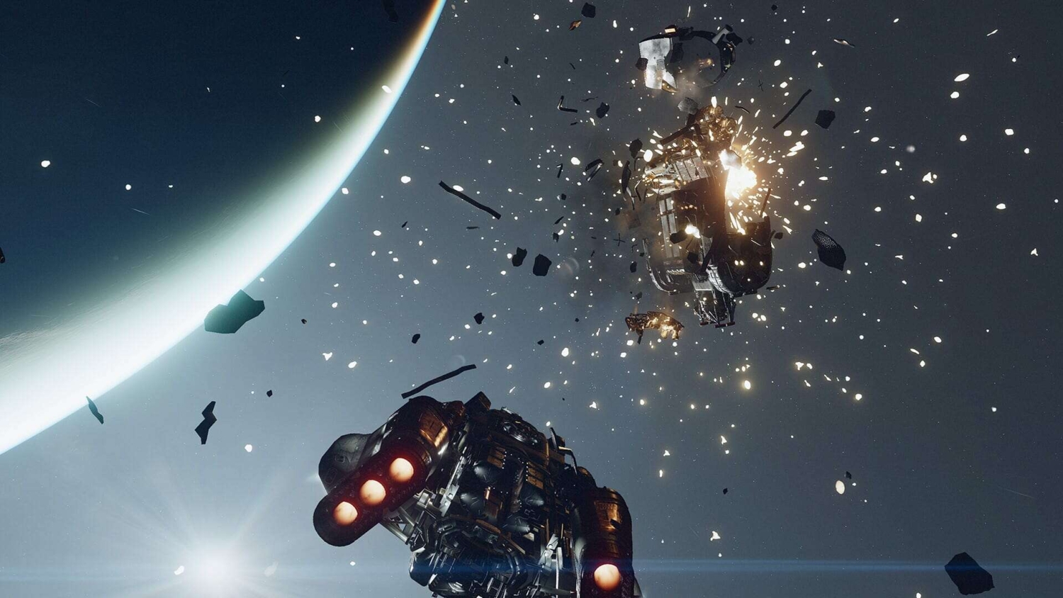 Two spaceships navigating an asteroid field near a glowing planet with a ship exploding into debris