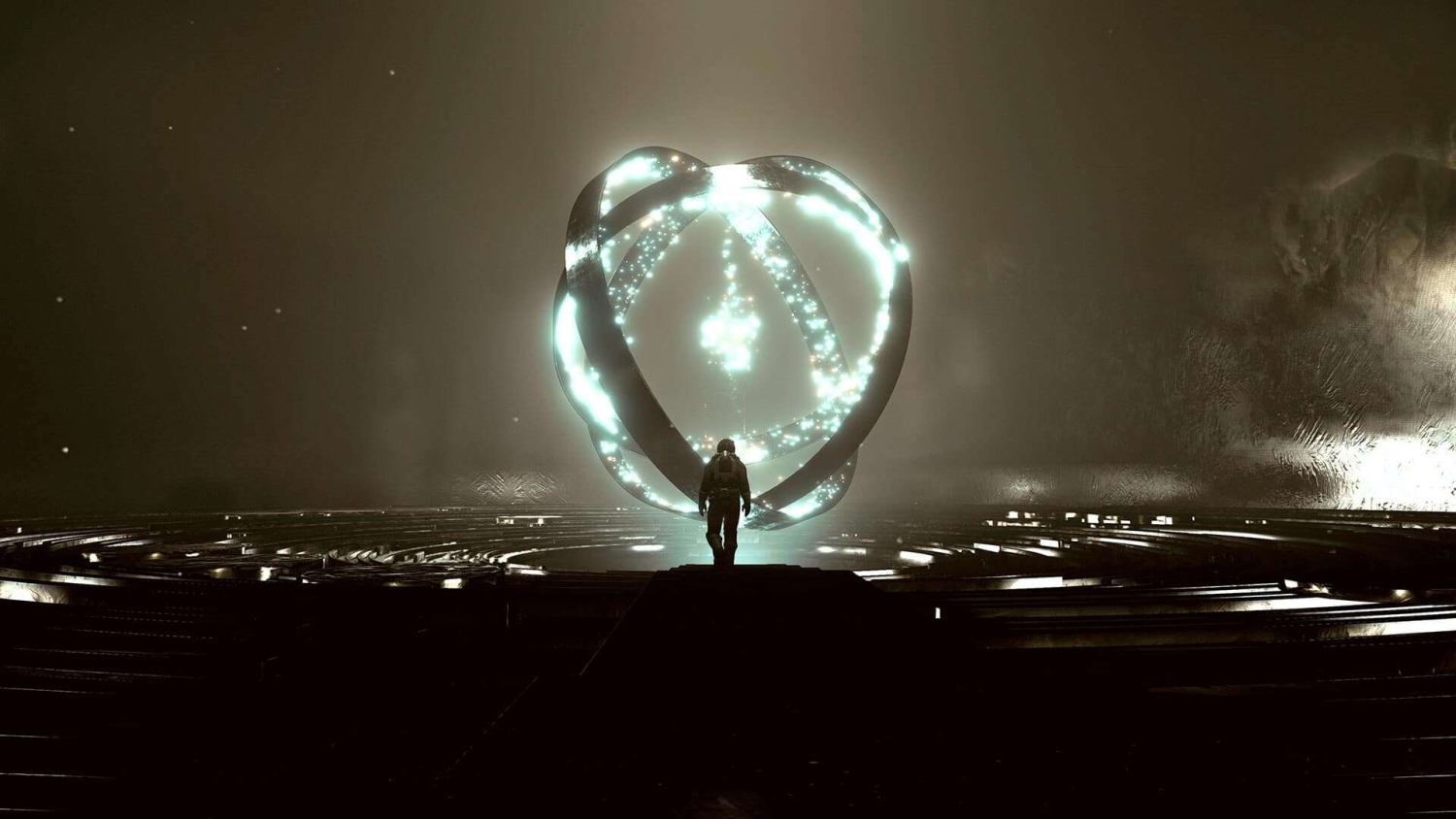 A lone astronaut walks towards a radiant celestial orb with luminous rings in a dark, misty environment