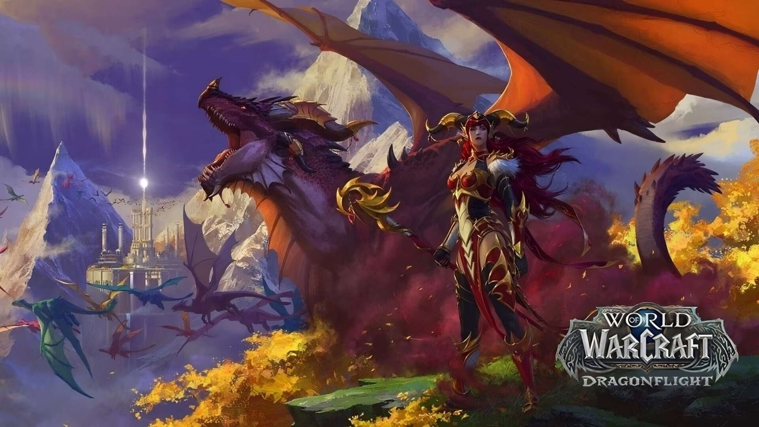 Armoured female warrior with red hair standing beside a large red dragon in a mountainous fantasy landscape