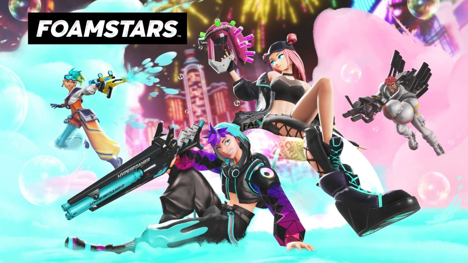 Four vibrant animated characters from a foamy water-fighting game wielding playful water guns and bubble weapons