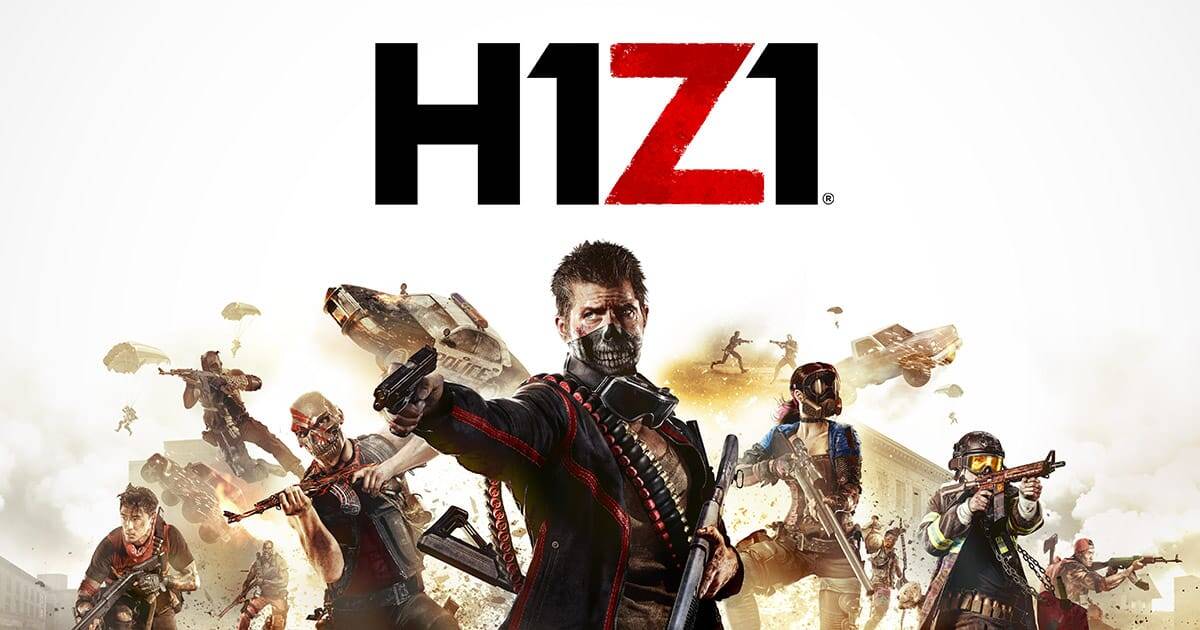 Multiple armed characters from H1Z1 standing ready with guns and masks, with the H1Z1 logo above them
