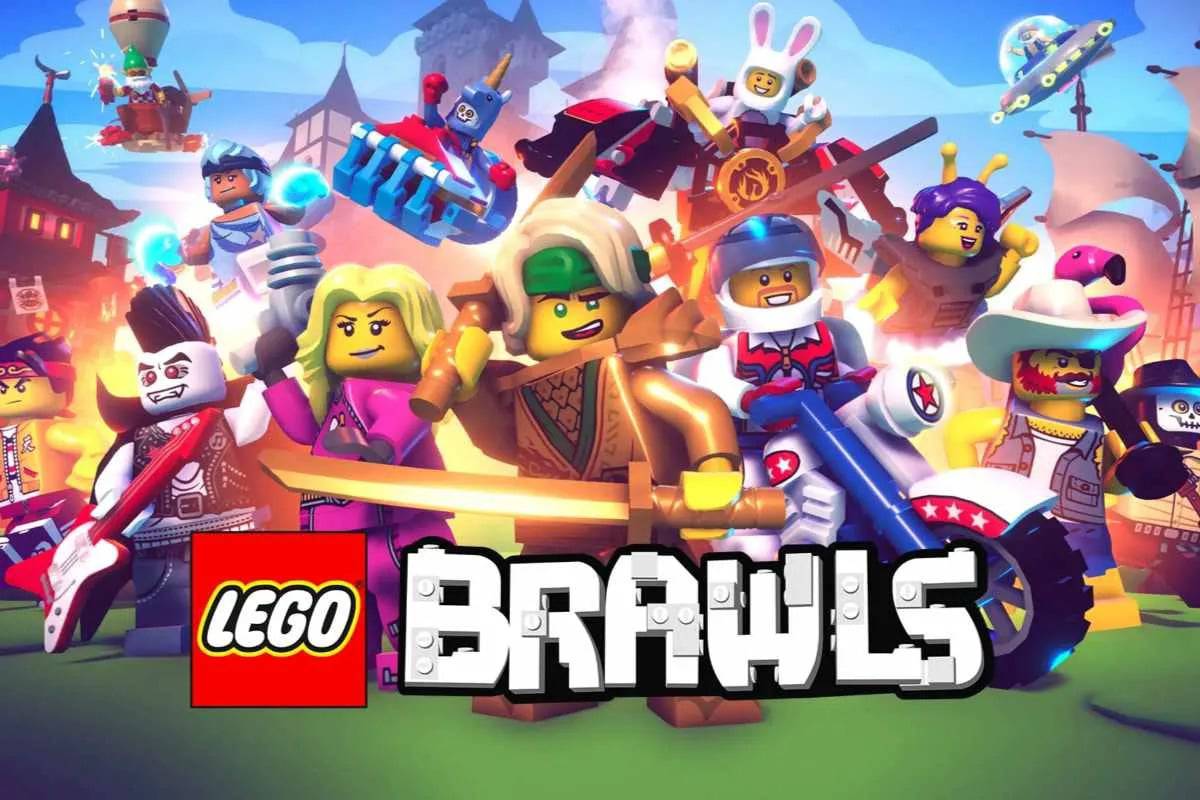 Lego minifigure characters in a vibrant battle scene with various costumes and weapons