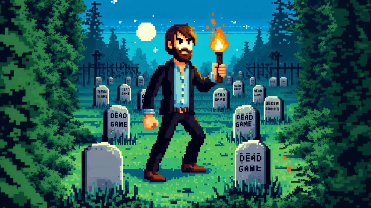 Pixel art of a bearded man holding a lit torch in a graveyard with gravestones labelled 'dead game'