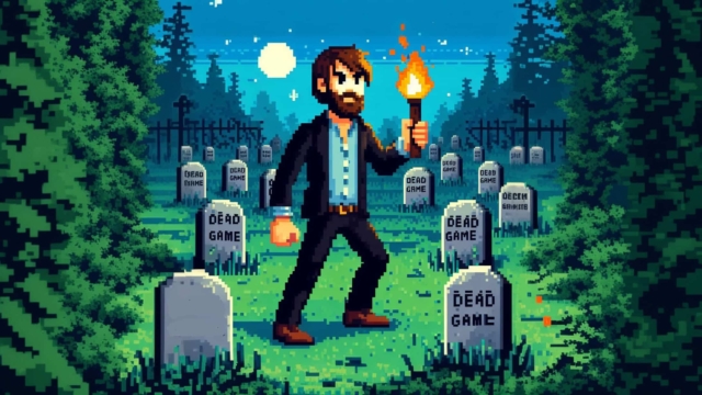 Pixel art of a bearded man holding a lit torch in a graveyard with gravestones labelled 'dead game'