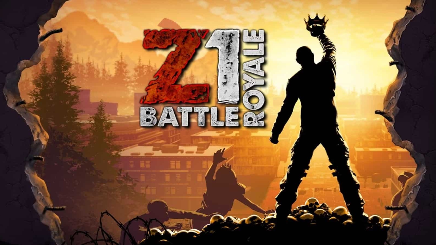 Silhouetted figure holding a crown stands on a pile of skulls while two crawling figures reach upwards against a sunset background