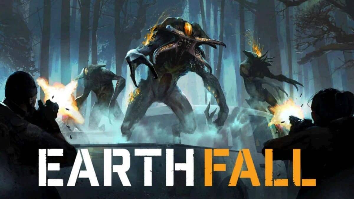 Four armed soldiers shooting at three large, flaming monsters in a dark forest with 'EARTHFALL' text below