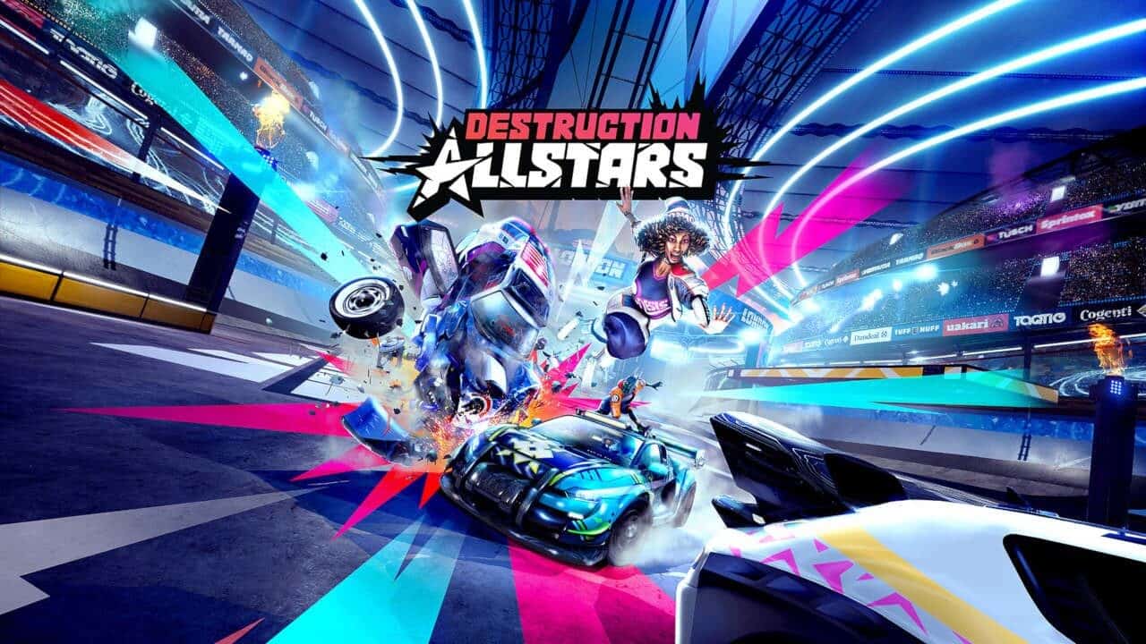 Futuristic arena scene with three colourful crash racing cars and a flying character with afro hair