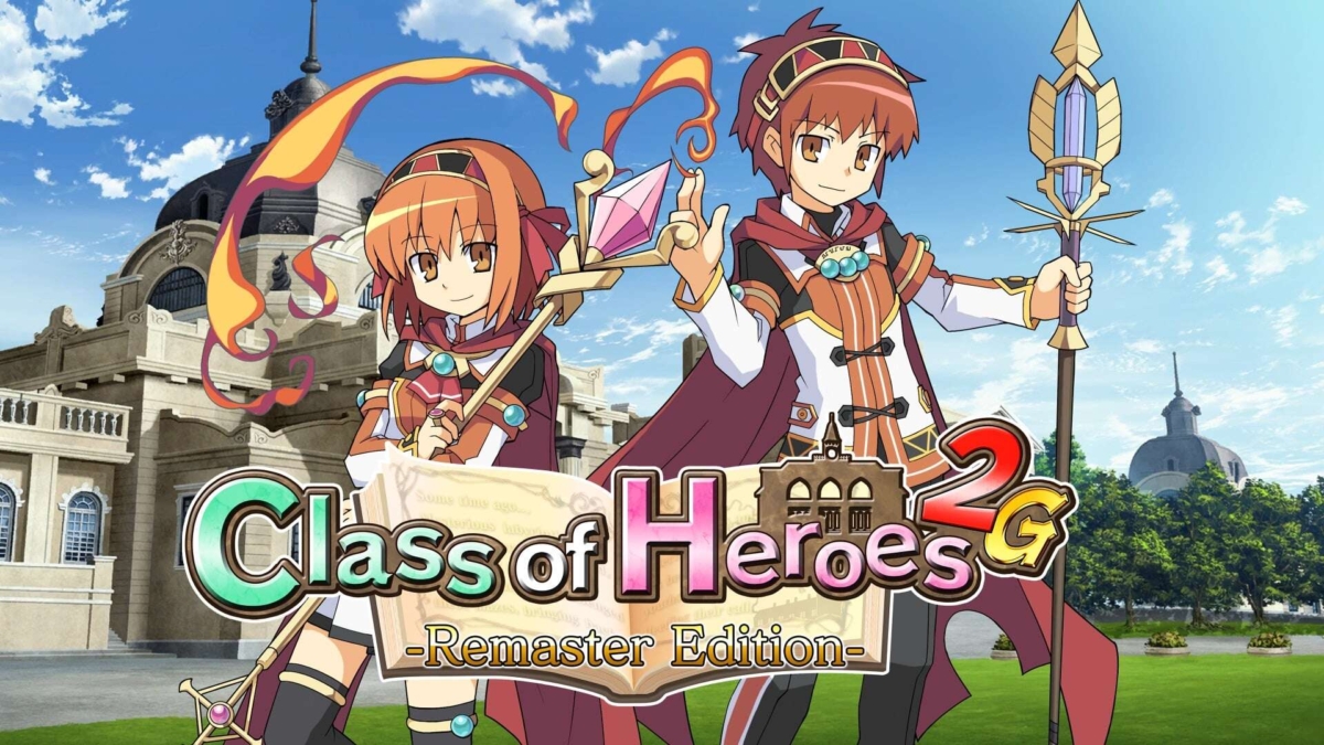 Two anime-style characters holding magical staffs with a large building and blue sky background, and game title text overlay