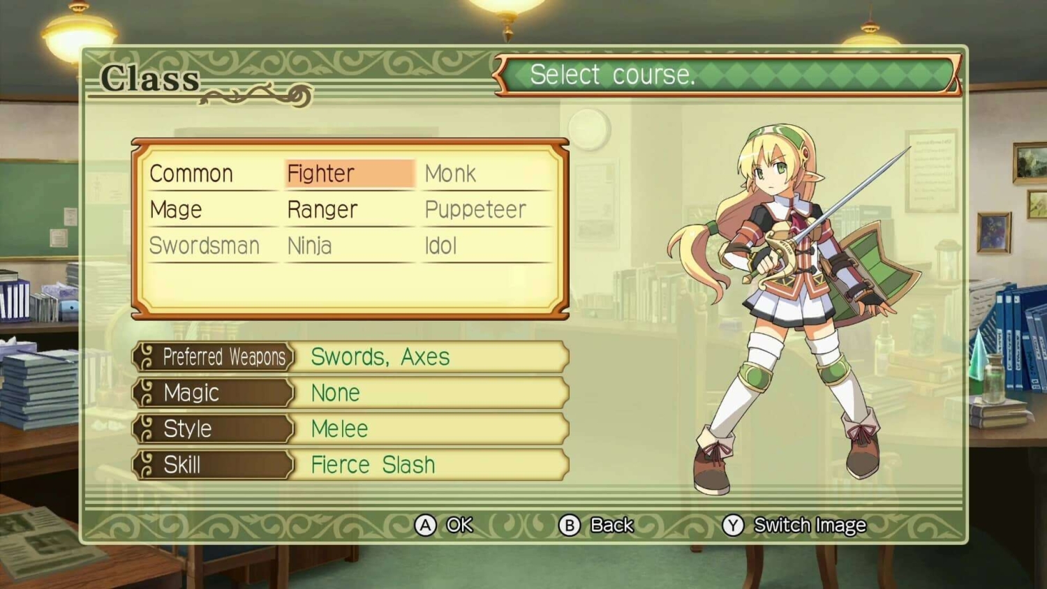 Female fighter class character holding sword and shield with selection menu showing preferred weapons, magic, style, and skill