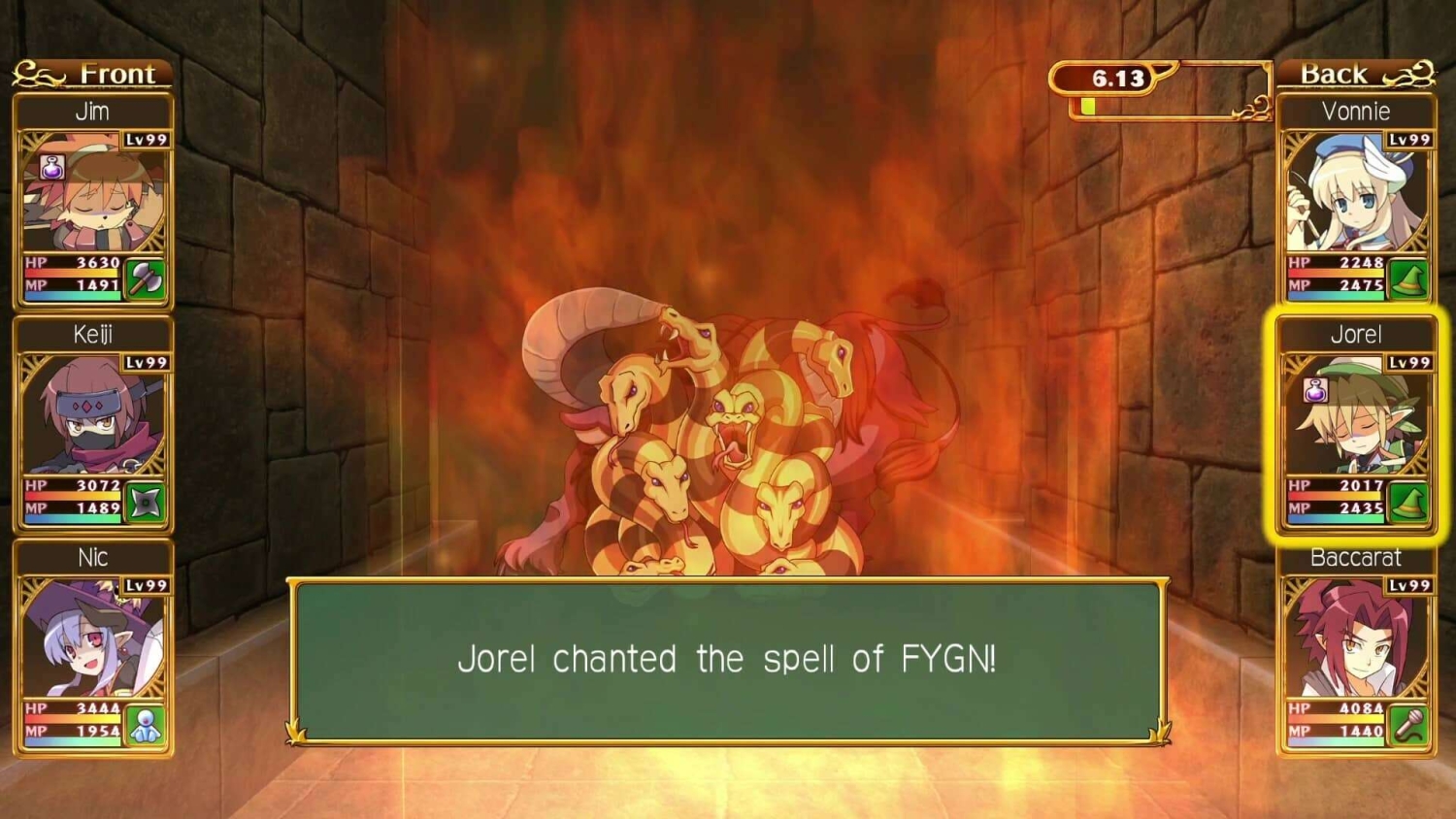Characters in turn-based combat casting a spell against a multi-headed serpent enemy surrounded by flames