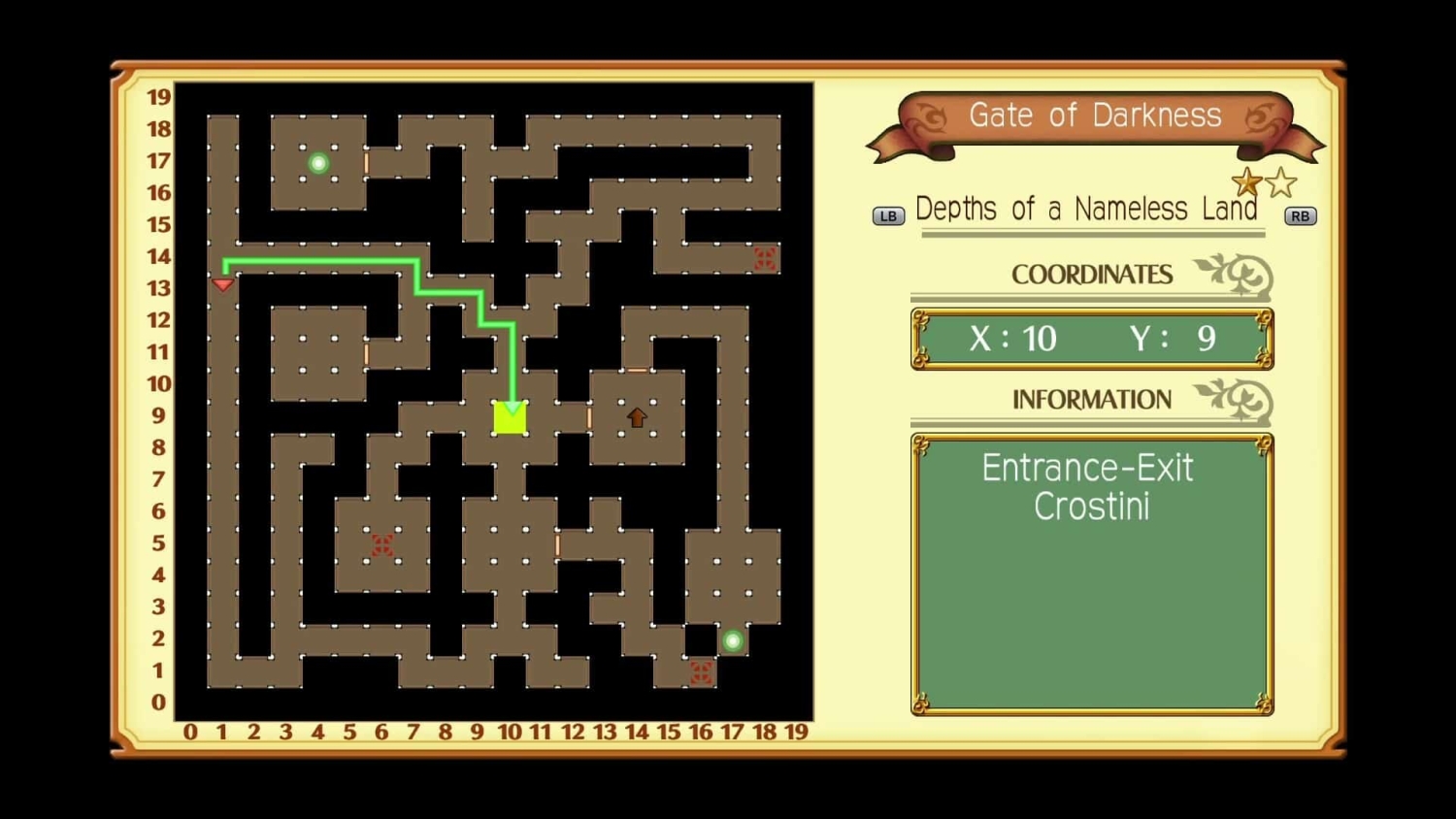Dungeon map showing a pathway highlighted in green from entrance to yellow marker at coordinates X 10 and Y 9