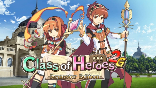 Two anime-style characters holding magical staffs with a large building and blue sky background, and game title text overlay