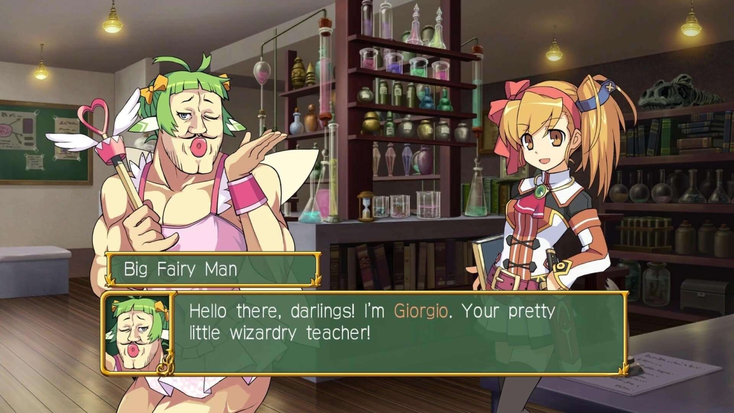 Cartoon muscular wizard in pink fairy outfit talking to confident female student in alchemy lab filled with glass flasks and books