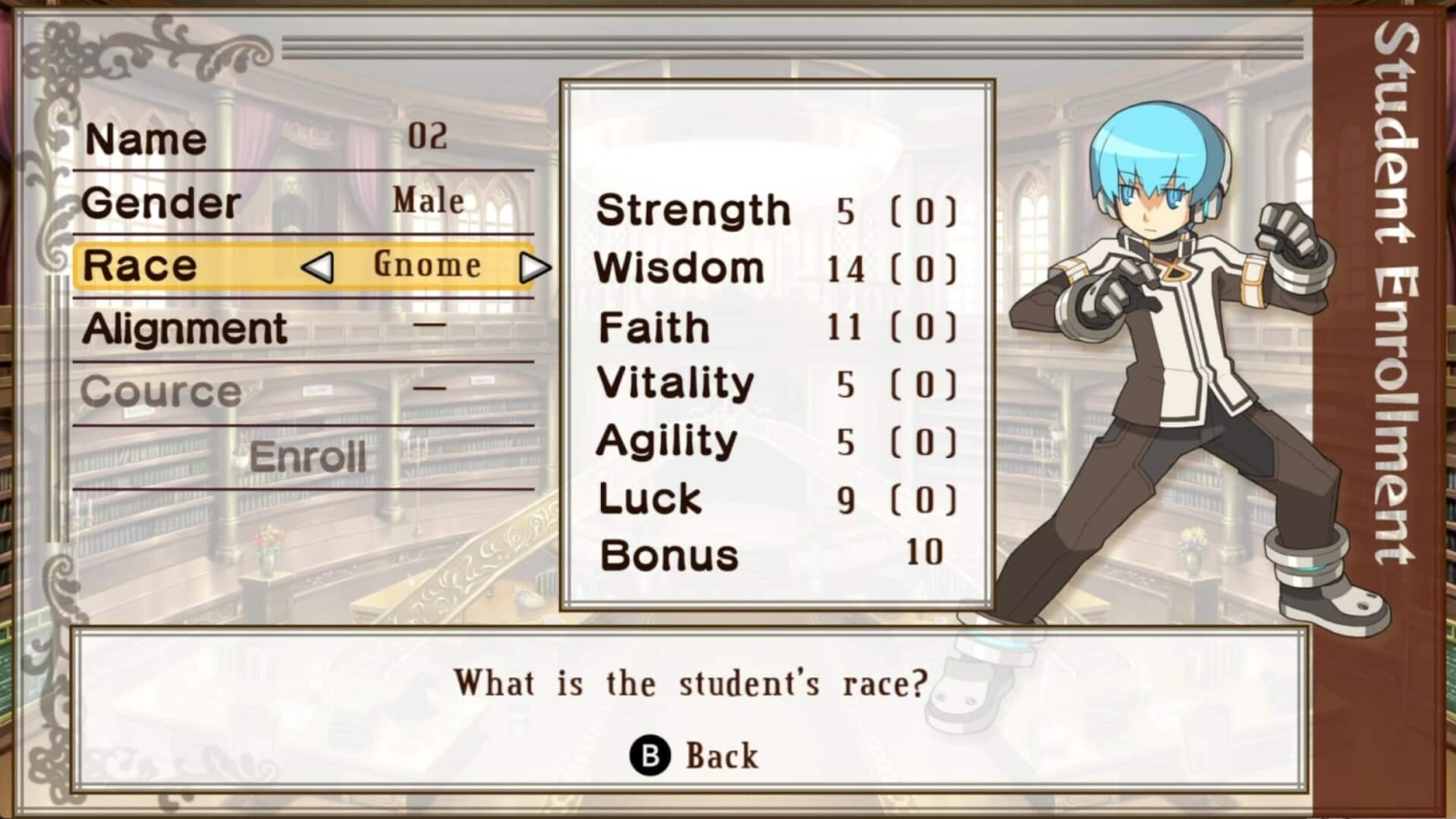 Game character creation screen showing male student with blue hair and stats including strength, wisdom, faith, vitality, agility, luck, and bonus points
