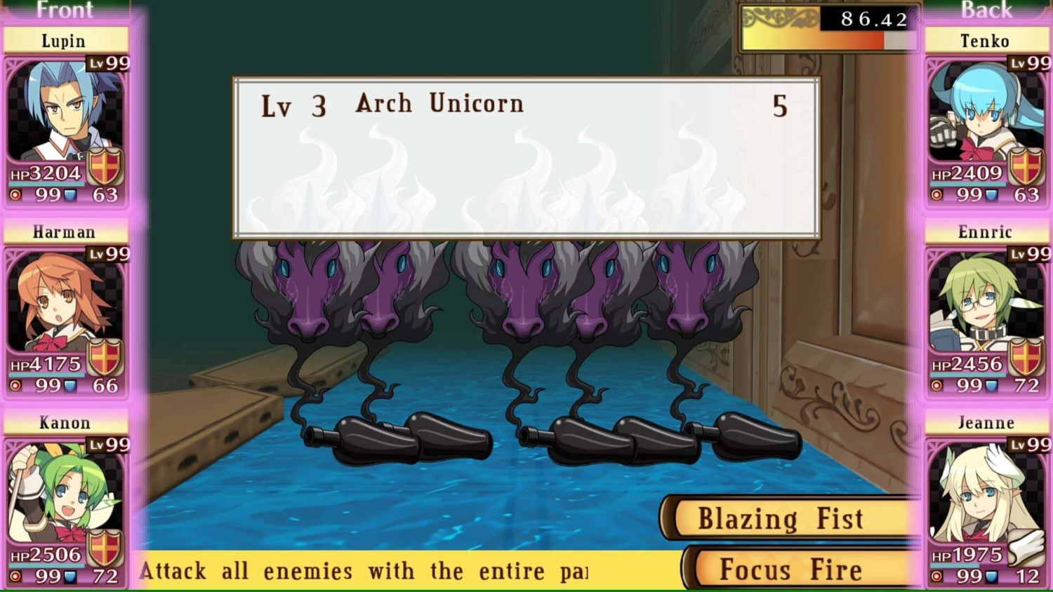 Turn-based combat with six character portraits and attacks targeting five purple arch unicorn enemies