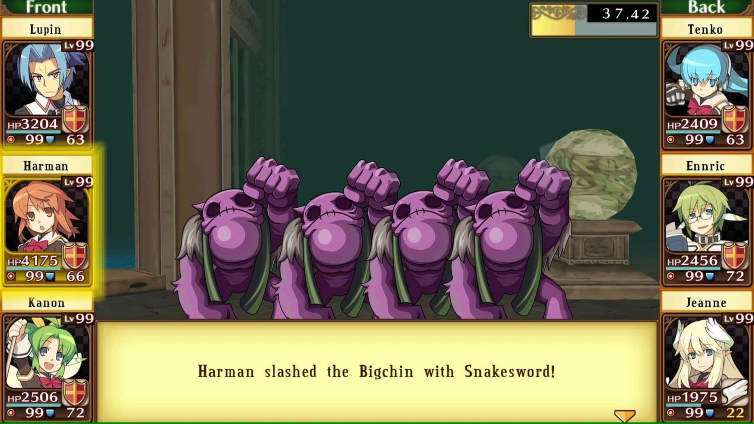 Turn-based combat screen showing characters attacking purple creatures called Bigchin with a weapon named Snakesword