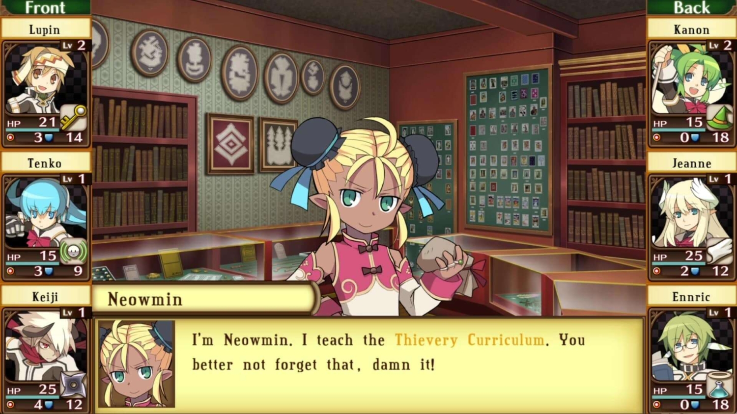 Animated character Neowmin in pink outfit teaching thievery in a retro RPG interface with six character stats shown on the sides