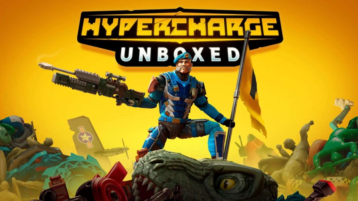 Armoured soldier holding a rifle standing on toy crocodile with game title Hypercharge Unboxed above